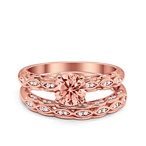 Two Piece Engagement Bridal Ring Rose Tone, Simulated Morganite CZ 925 Sterling Silver