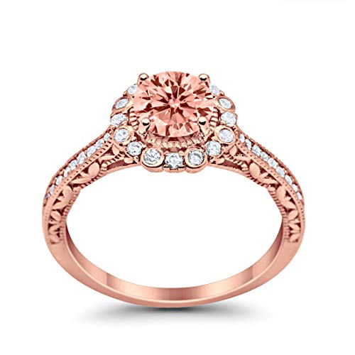 Filigree Engagement Ring Round Rose Tone, Simulated Morganite CZ 925 Sterling Silver