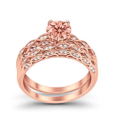 Two Piece Engagement Bridal Ring Rose Tone, Simulated Morganite CZ 925 Sterling Silver