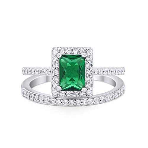 Radiant Cut Engagement Ring Simulated Green Emerald CZ 925 Sterling Silver