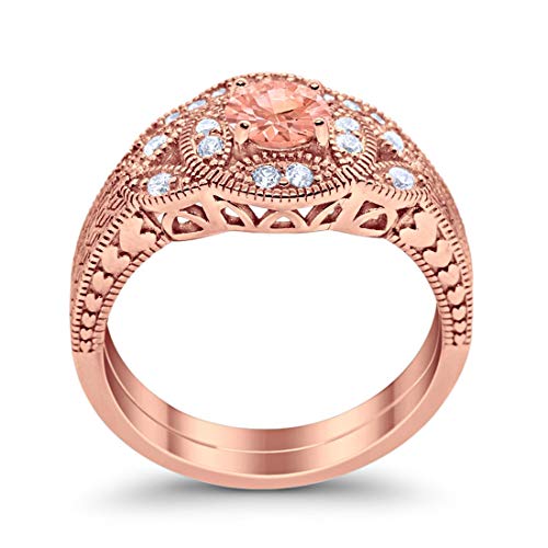 Two Piece Wedding Art Deco Rose Tone, Simulated Morganite CZ 925 Sterling Silver