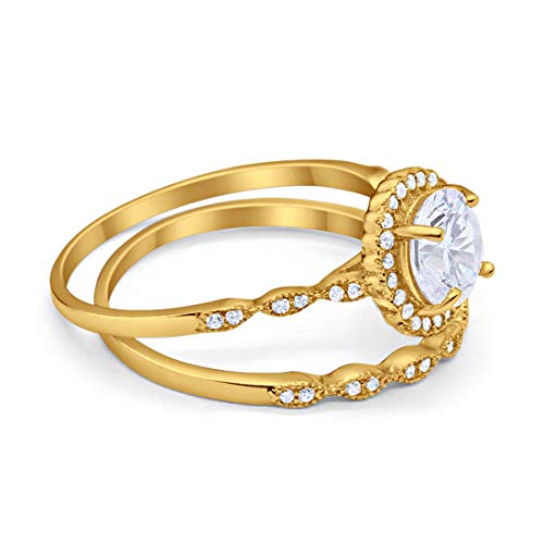 Two Piece Halo Engagement Ring Yellow Tone, Simulated CZ 925 Sterling Silver