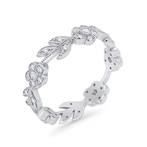 Leaf Design Ring Round Eternity Simulated Cubic Zirconia 925 Sterling Silver