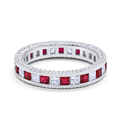 Eternity Ring Alternating Round Simulated Ruby Cubic Zirconia Solid 925 Sterling Silver