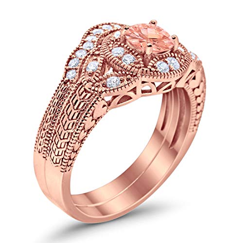 Two Piece Wedding Art Deco Rose Tone, Simulated Morganite CZ 925 Sterling Silver