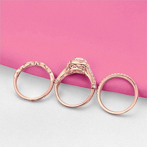 Eternity Three Piece Engagement Ring Rose Tone, Simulated Morganite CZ 925 Sterling Silver