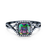 Halo Infinity Shank Engagement Ring Cushion Black Tone, Simulated Rainbow CZ 925 Sterling Silver