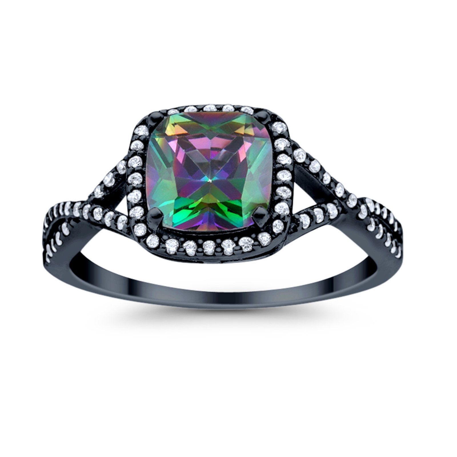 Halo Infinity Shank Engagement Ring Cushion Black Tone, Simulated Rainbow CZ 925 Sterling Silver