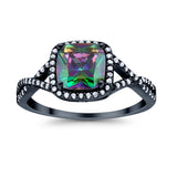 Halo Infinity Shank Engagement Ring Cushion Black Tone, Simulated Rainbow CZ 925 Sterling Silver