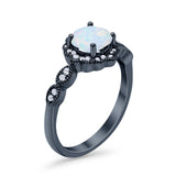 Floral Art Engagement Ring Black Tone, Lab Created White Opal 925 Sterling Silver