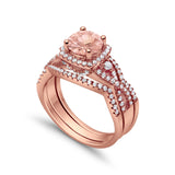 Halo Wedding Trio Set Piece Ring Rose Tone, Simulated Morganite CZ 925 Sterling Silver