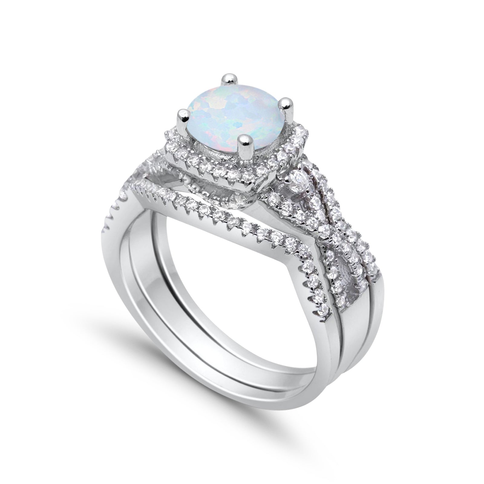 Trio Set Piece Wedding Ring Lab White Opal Round CZ 925 Sterling Silver
