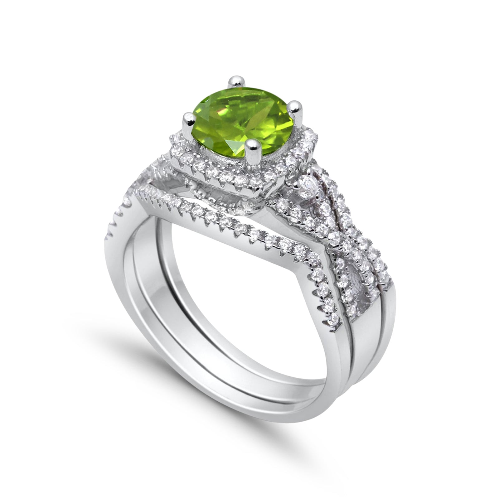 Three Piece Wedding Ring Simulated Peridot CZ 925 Sterling Silver