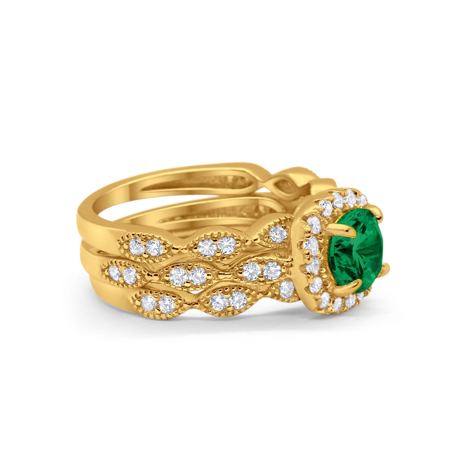 Halo Three Piece Wedding Yellow Tone, Simulated Green Emerald CZ Ring 925 Sterling Silver
