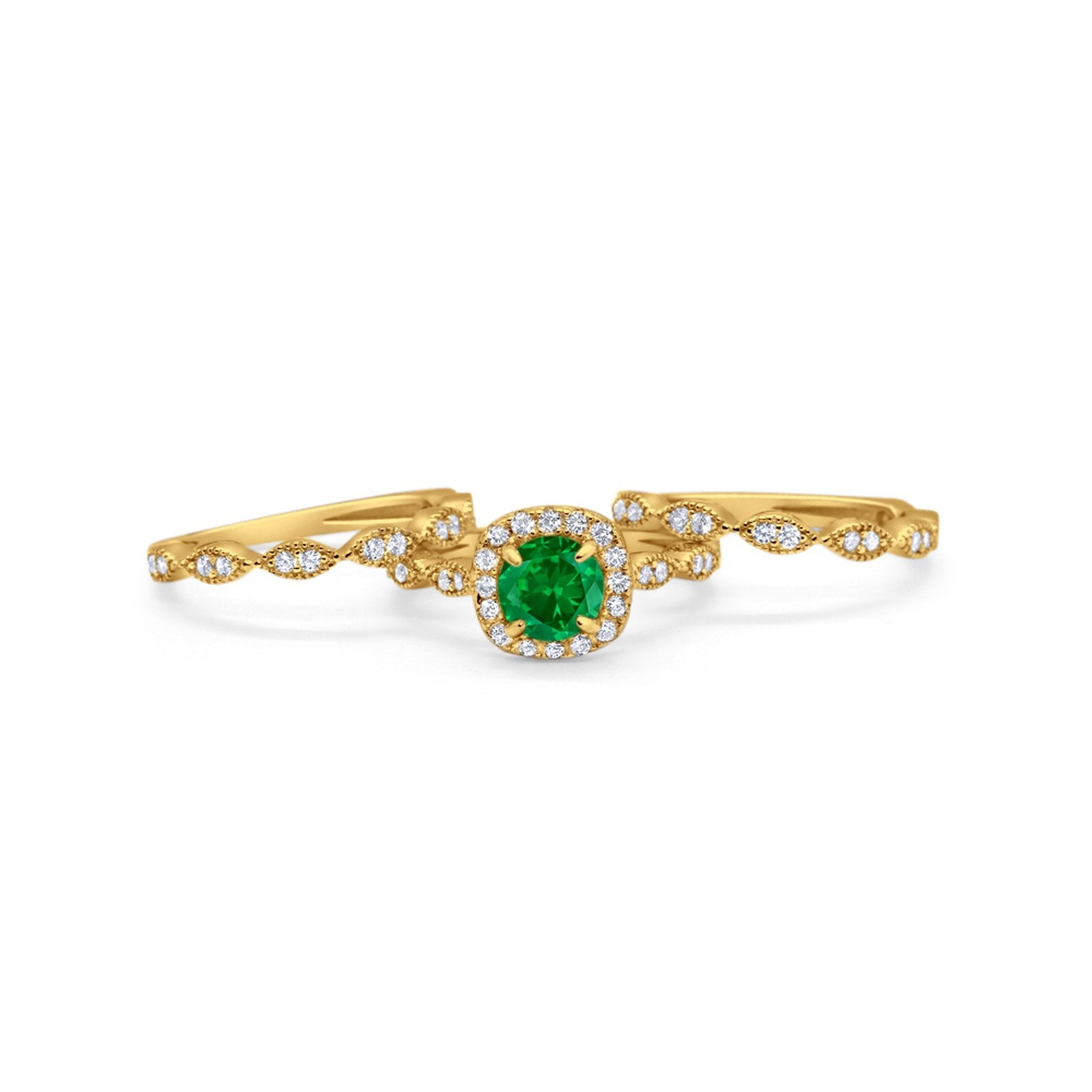 Halo Three Piece Wedding Yellow Tone, Simulated Green Emerald CZ Ring 925 Sterling Silver