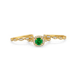 Halo Three Piece Wedding Yellow Tone, Simulated Green Emerald CZ Ring 925 Sterling Silver