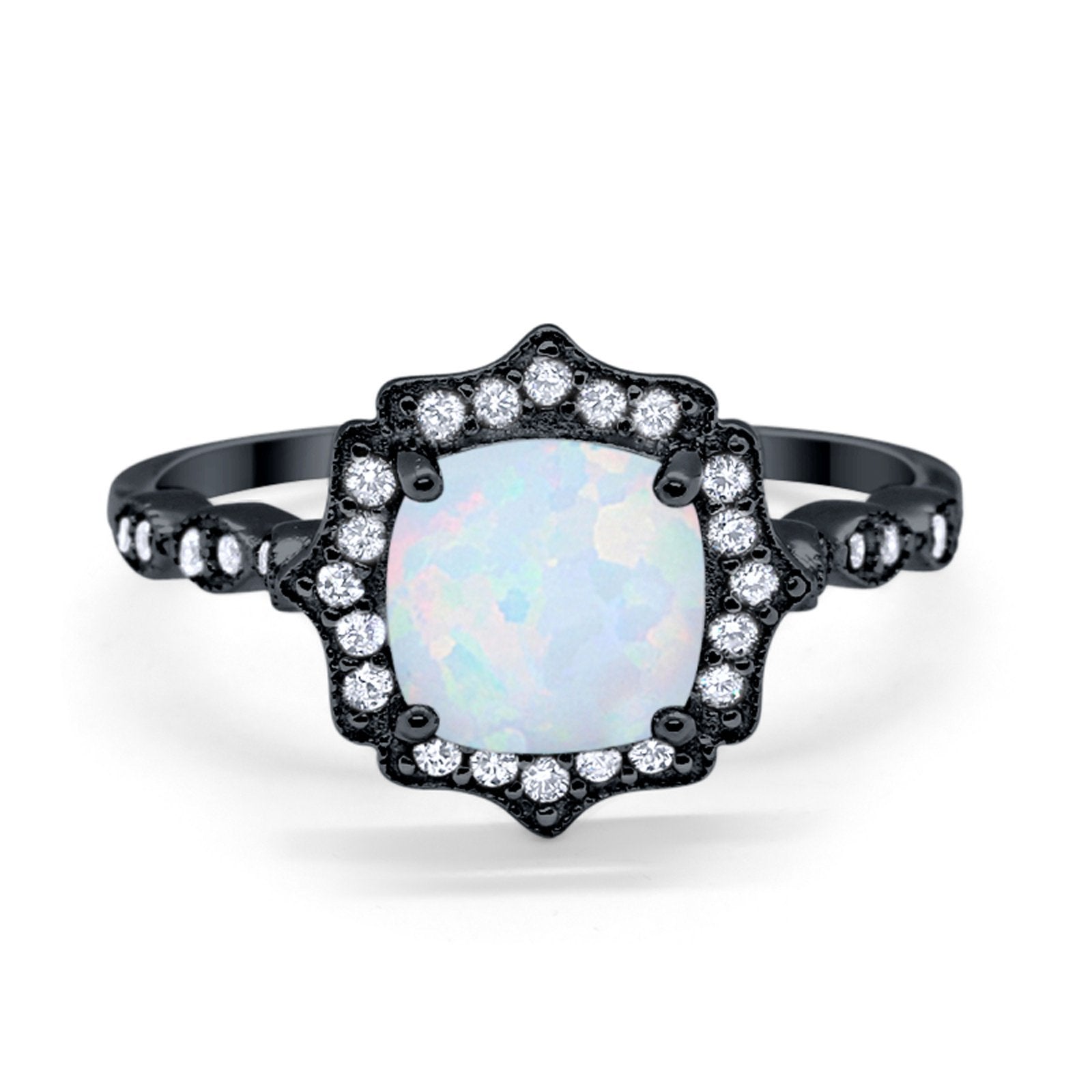 Halo Engagement Ring Cushion Black Tone, Lab Created White Opal 925 Sterling Silver