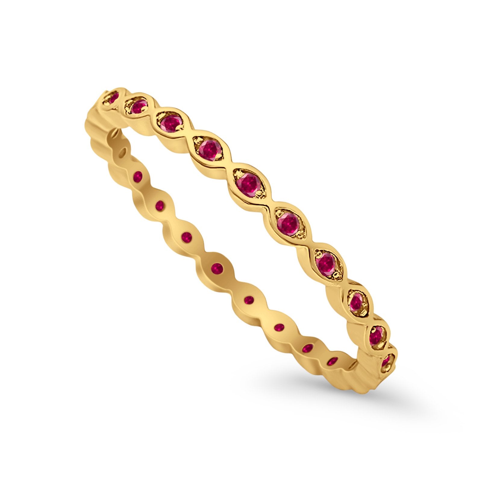 Full Eternity Stackable Ring Yellow Tone, Simulated Ruby CZ 925 Sterling Silver