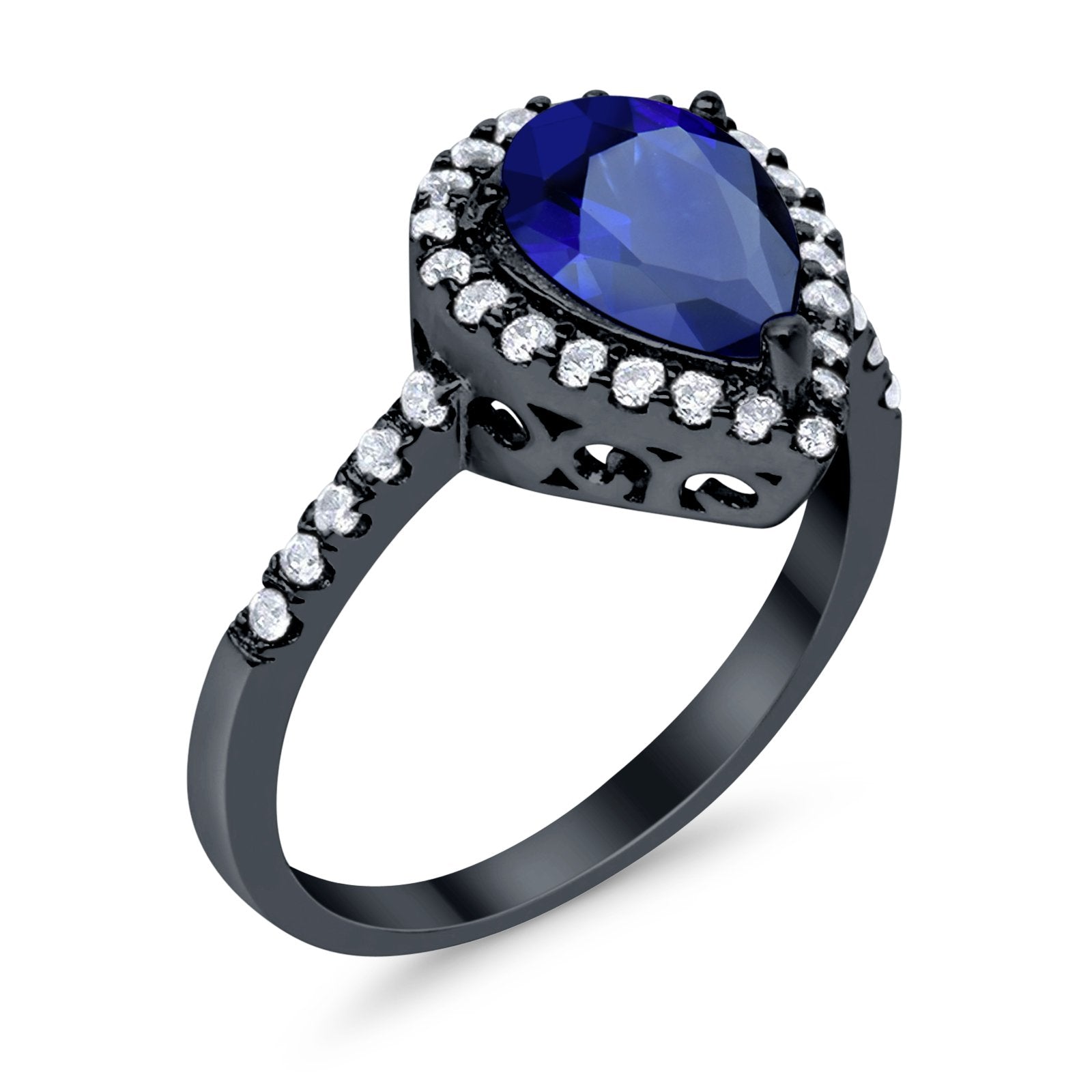 Halo Pear Filigree Ring Black Tone, Simulated Blue Sapphire CZ 925 Sterling Silver