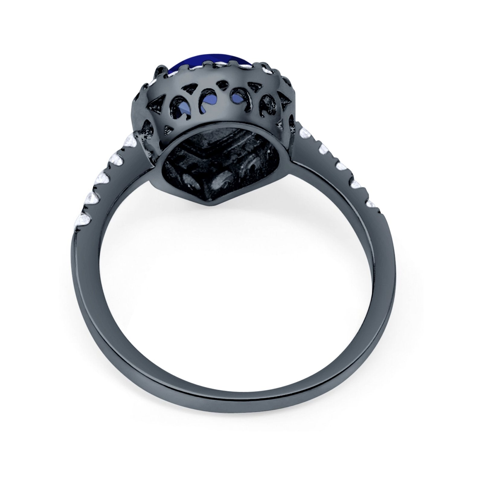 Halo Pear Filigree Ring Black Tone, Simulated Blue Sapphire CZ 925 Sterling Silver