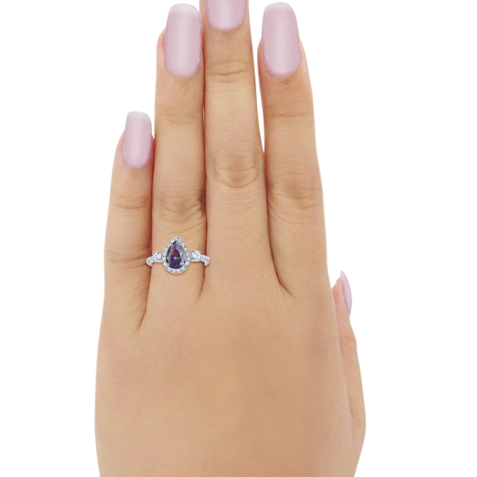 3-Stone Halo Teardrop Fashion Ring Simulated Rainbow CZ 925 Sterling Silver