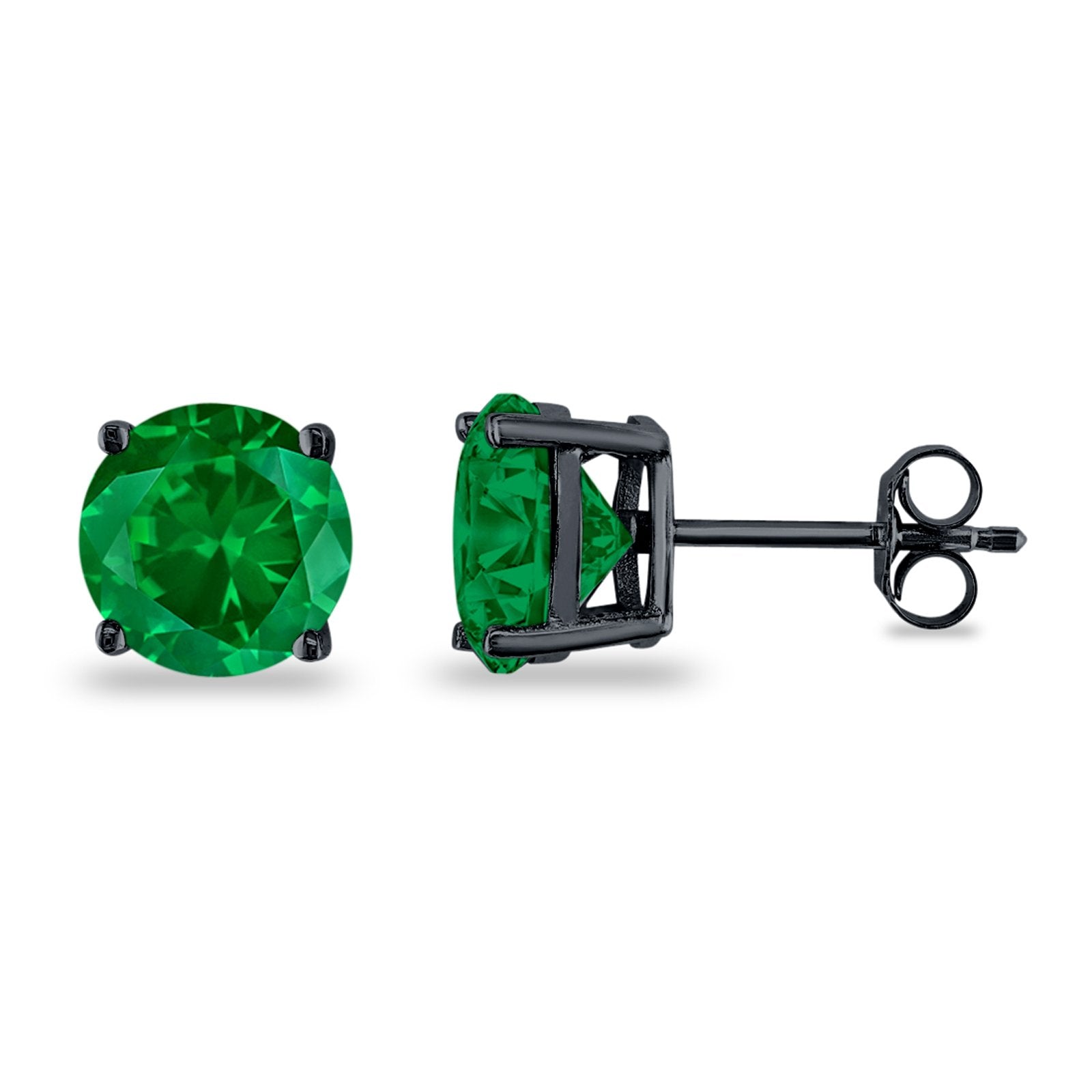 Butterfly Prong Round Casting Black Tone, Simulated Green Emerald CZ Stud Earrings 925 Sterling Silver