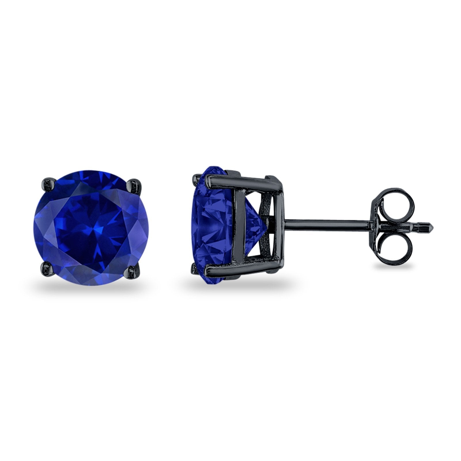 Butterfly Prong Round Casting Black Tone, Simulated Blue Sapphire CZ Stud Earrings 925 Sterling Silver