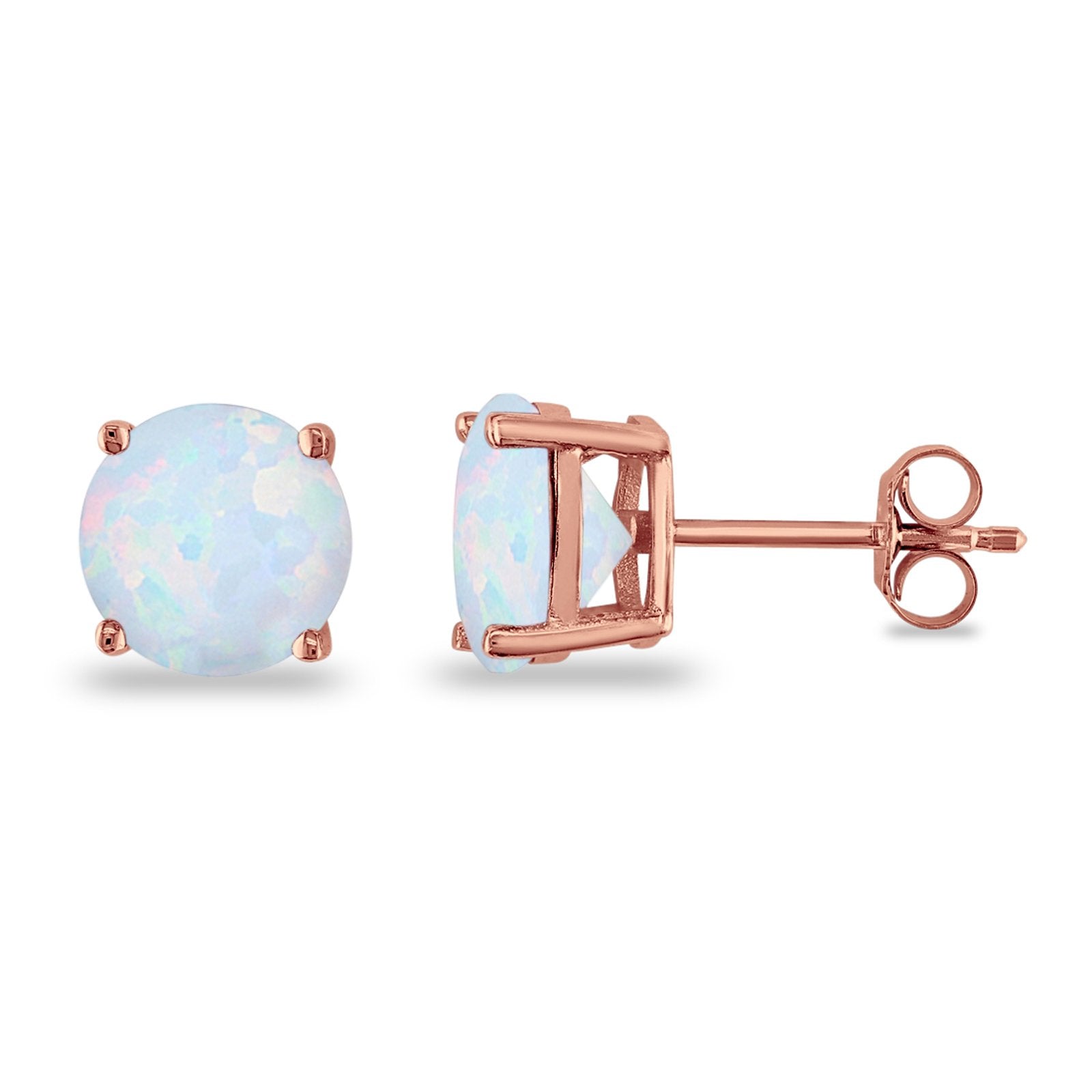 Butterfly Prong Round Casting Rose Tone, Lab Created White Opal Stud Earrings 925 Sterling Silver