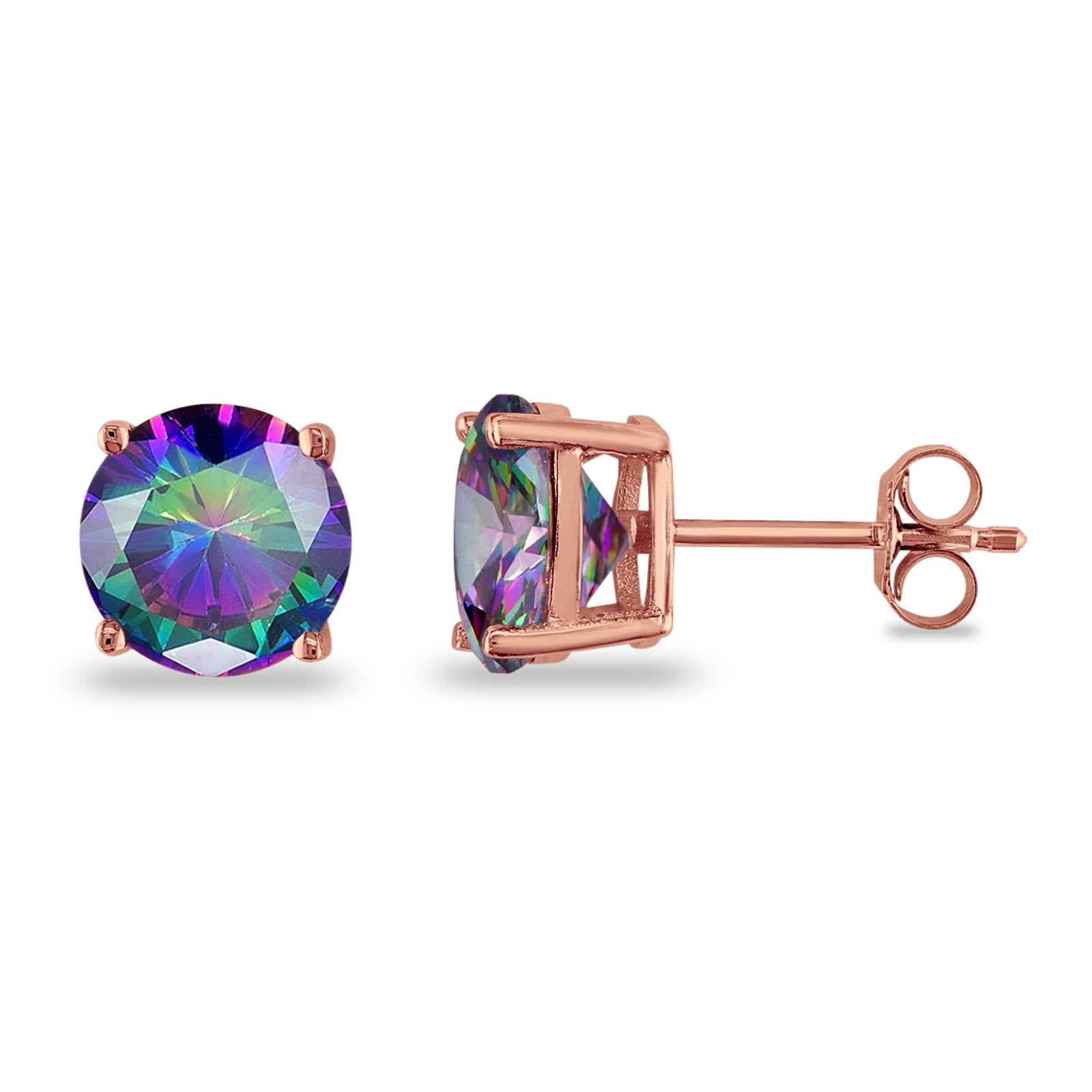 Butterfly Prong Round Casting Rose Tone, Simulated Rainbow CZ Stud Earrings 925 Sterling Silver