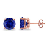 Butterfly Prong Round Casting Rose Tone, Simulated Blue Sapphire CZ Stud Earrings 925 Sterling Silver
