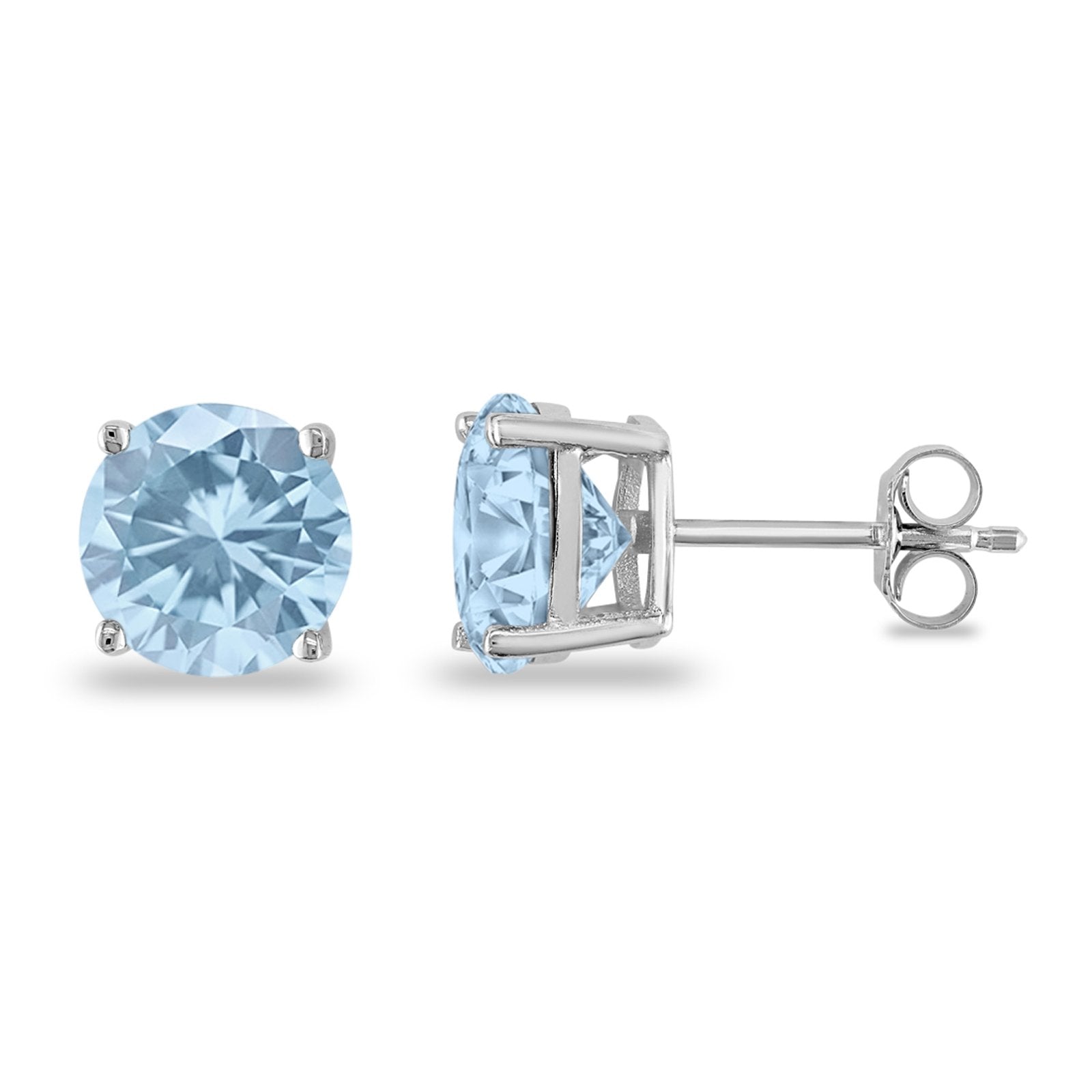 Butterfly Prong Round Casting Simulated Aquamarine CZ Stud Earrings 925 Sterling Silver