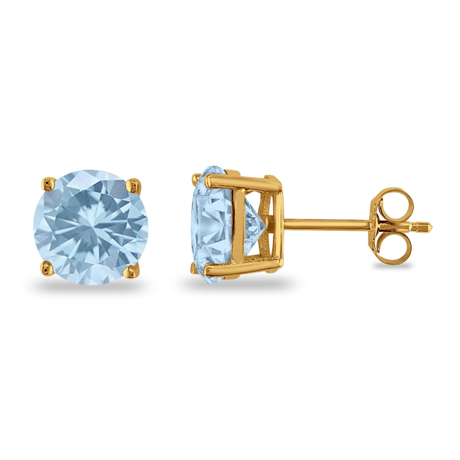 Butterfly Prong Round Casting Yellow Tone, Simulated Aquamarine CZ Stud Earrings 925 Sterling Silver