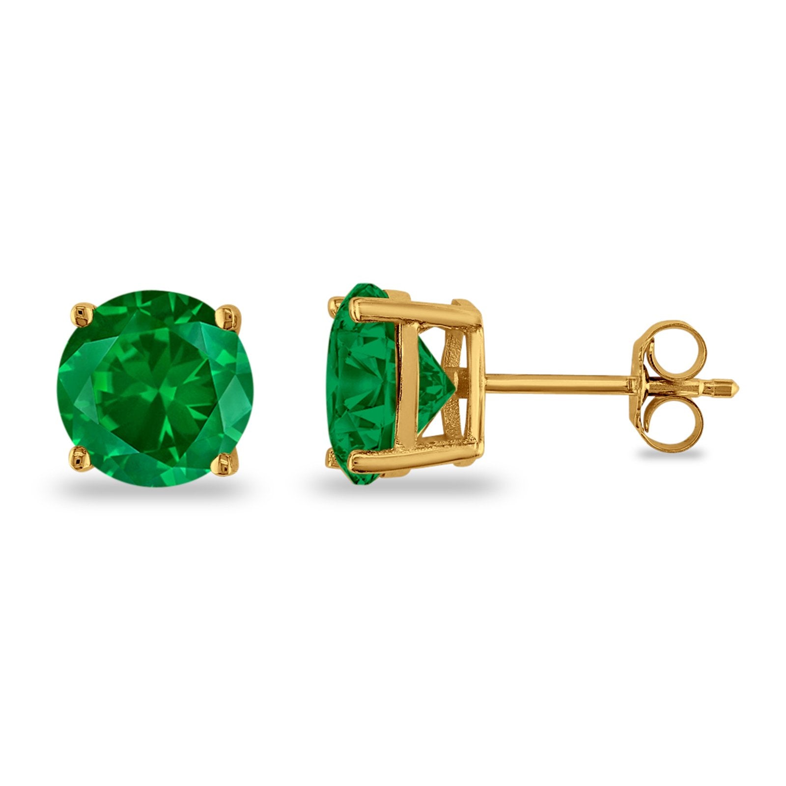 Butterfly Prong Round Casting Yellow Tone, Simulated Green Emerald CZ Stud Earrings 925 Sterling Silver