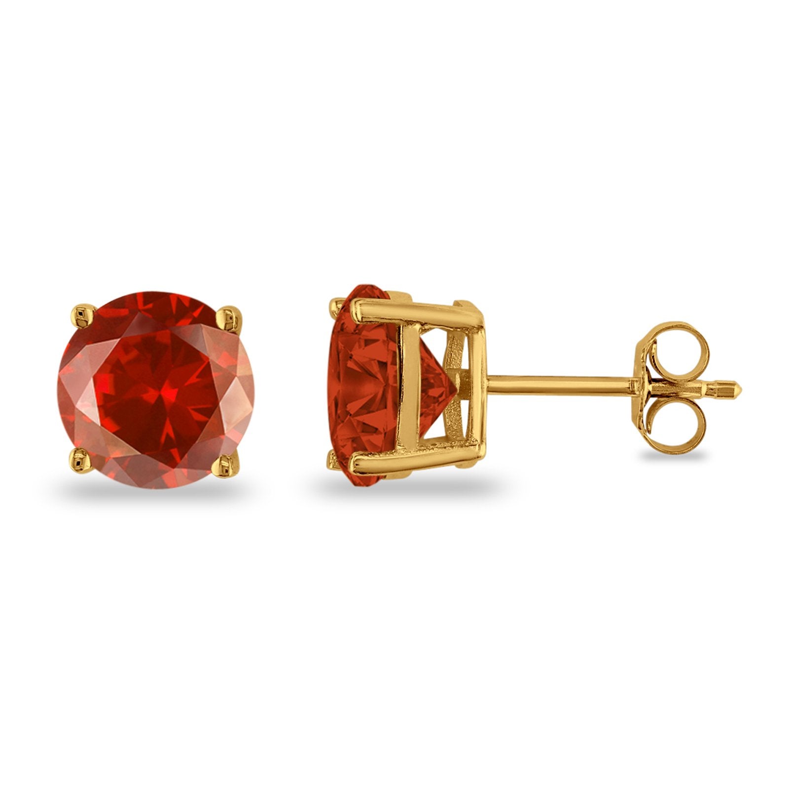 Butterfly Prong Round Casting Yellow Tone, Simulated Garnet CZ Stud Earrings 925 Sterling Silver