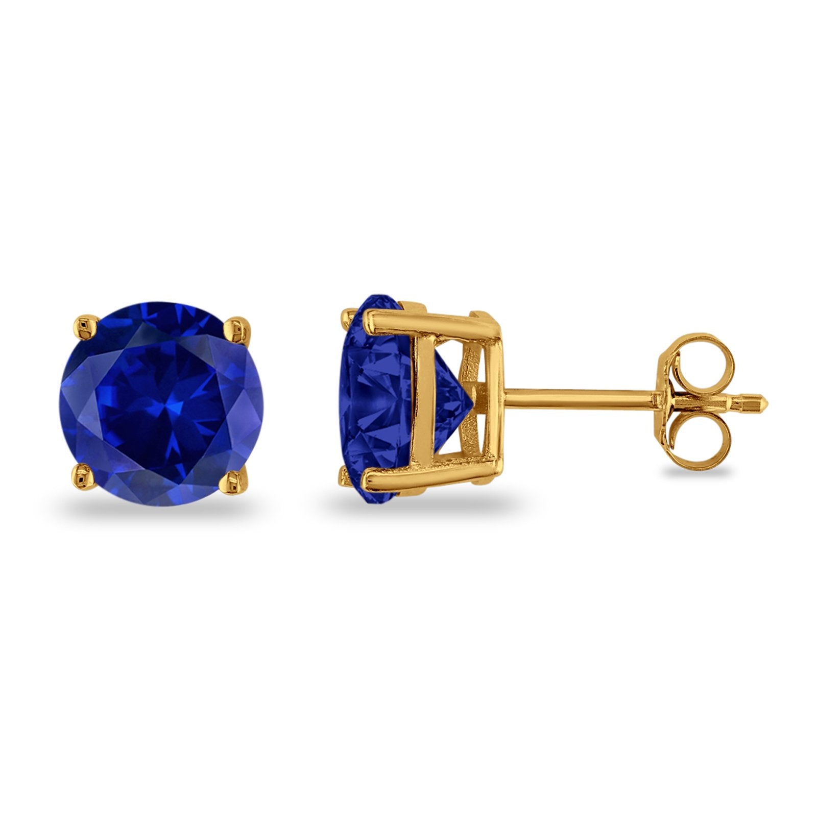 Butterfly Prong Round Casting Yellow Tone, Simulated Blue Sapphire CZ Stud Earrings 925 Sterling Silver