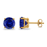 Butterfly Prong Round Casting Yellow Tone, Simulated Blue Sapphire CZ Stud Earrings 925 Sterling Silver