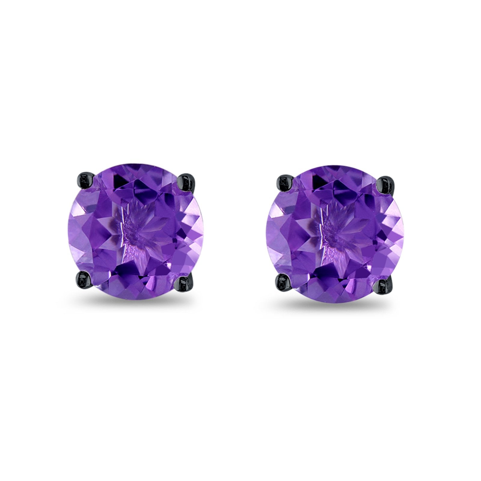 Butterfly Prong Round Casting Black Tone, Simulated Amethyst CZ Stud Earrings 925 Sterling Silver