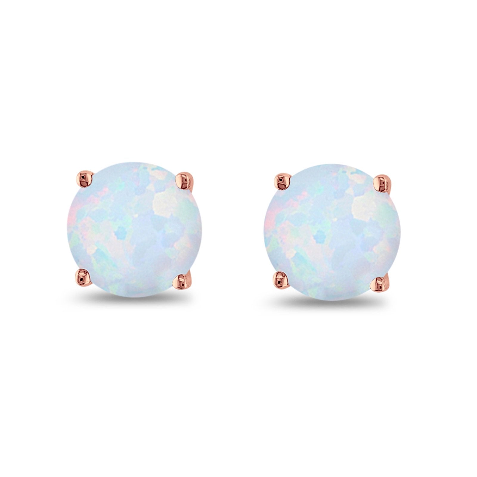 Butterfly Prong Round Casting Rose Tone, Lab Created White Opal Stud Earrings 925 Sterling Silver