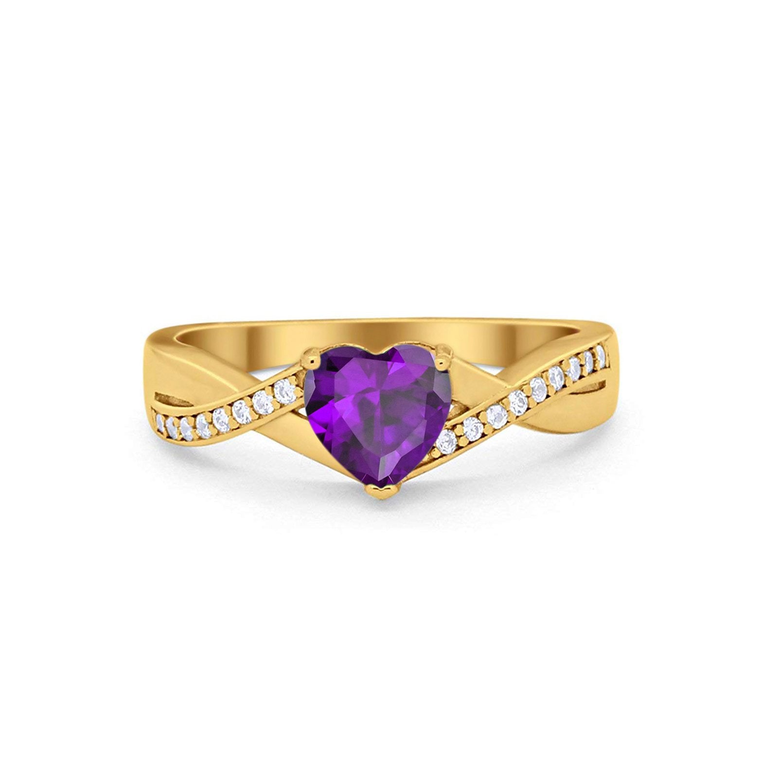 Infinity Accent Wedding Ring Heart Yellow Tone, Simulated Amethyst CZ 925 Sterling Silver
