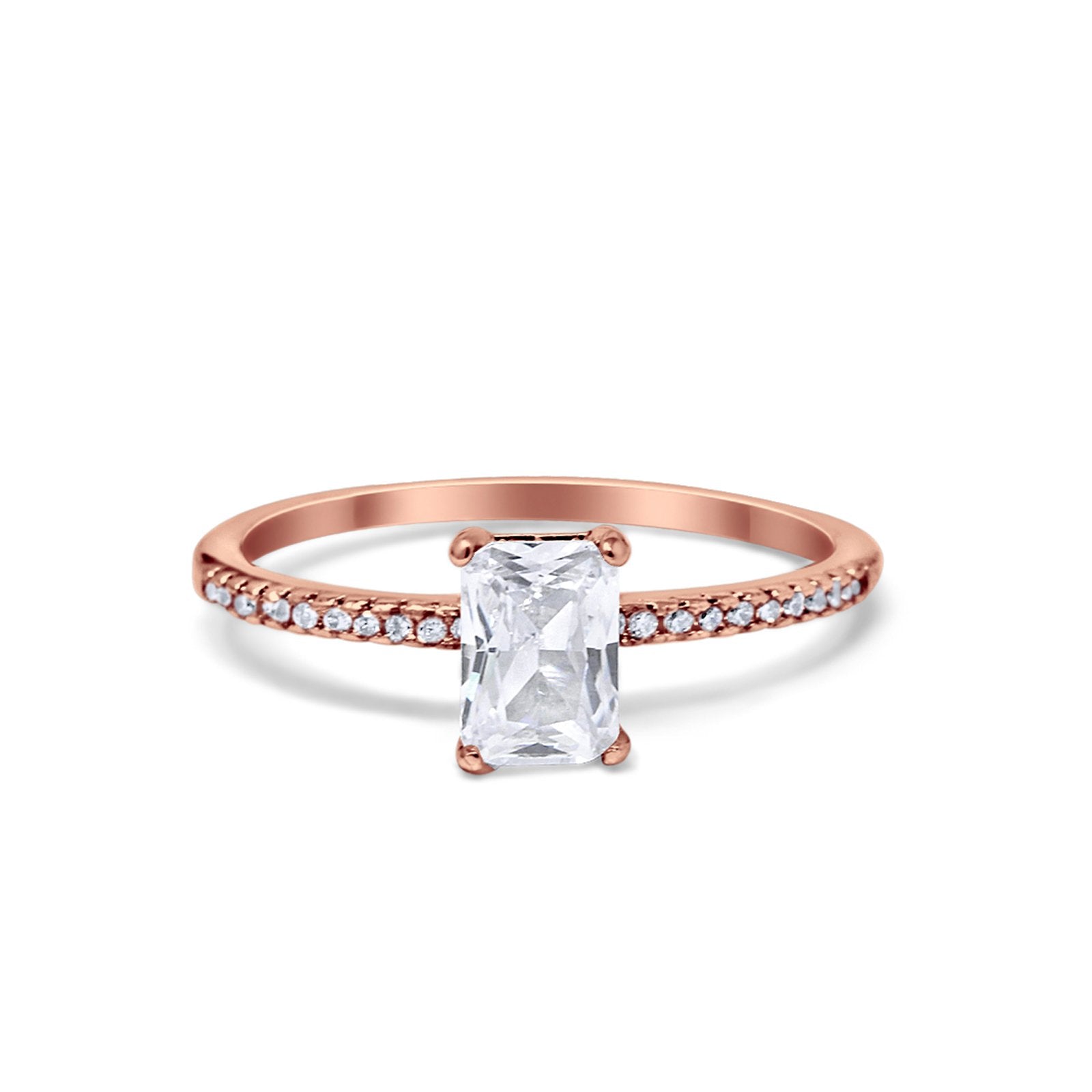 Art Deco Wedding Ring Rose Tone, Simulated CZ 925 Sterling Silver