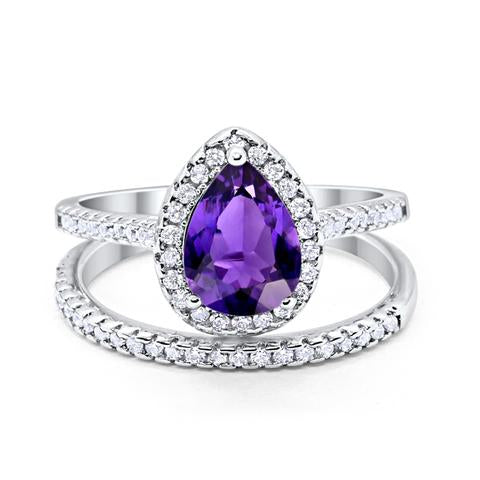 Teardrop Pear Bridal Set Engagement Ring Simulated Amethyst CZ 925 Sterling Silver