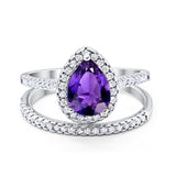 Teardrop Pear Bridal Set Engagement Ring Simulated Amethyst CZ 925 Sterling Silver