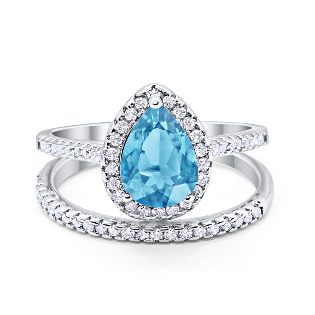 Teardrop Pear Bridal Set Engagement Ring Simulated Aquamarine CZ 925 Sterling Silver