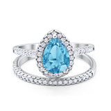 Teardrop Pear Bridal Set Engagement Ring Simulated Aquamarine CZ 925 Sterling Silver