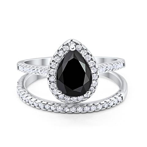 Teardrop Pear Bridal Set Engagement Ring Simulated Black Cubic Zirconia 925 Sterling Silver