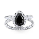 Teardrop Pear Bridal Set Engagement Ring Simulated Black Cubic Zirconia 925 Sterling Silver