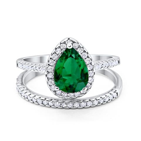 Teardrop Pear Bridal Set Engagement Ring Simulated Green Emerald Cubic Zirconia 925 Sterling Silver