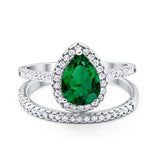 Teardrop Pear Bridal Set Engagement Ring Simulated Green Emerald Cubic Zirconia 925 Sterling Silver
