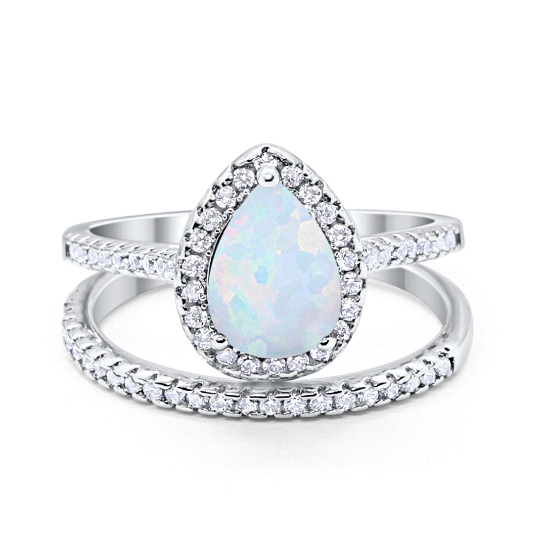 Teardrop Bridal Engagement Ring Lab Created White Opal 925 Sterling Silver