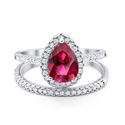 Teardrop Bridal Engagement Ring Simulated Ruby Cubic Zirconia 925 Sterling Silver